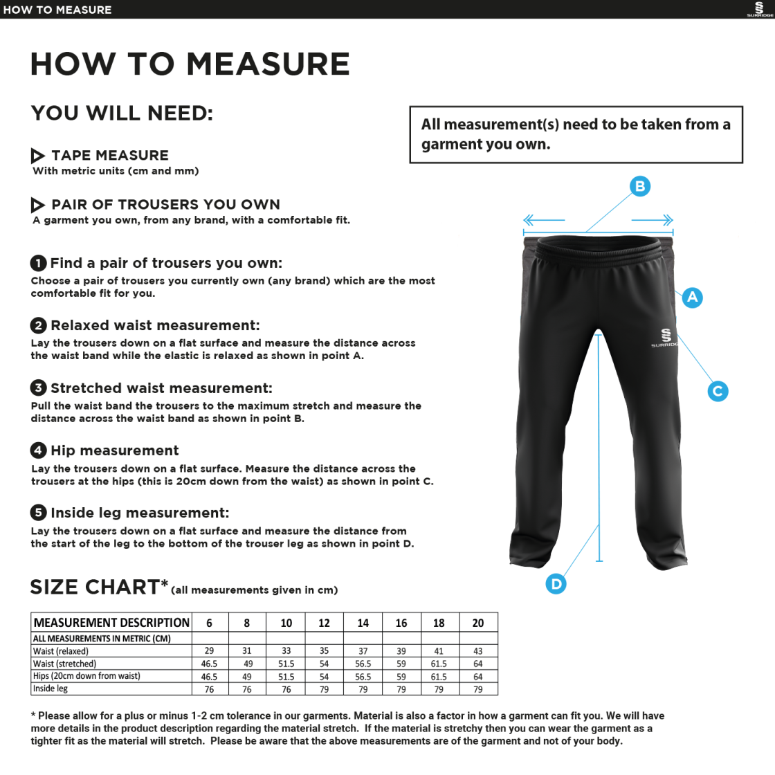 KETTERINGHAM HALL CC Classic Tracksuit Pant 3/4 Zip Length Navy Female - Size Guide
