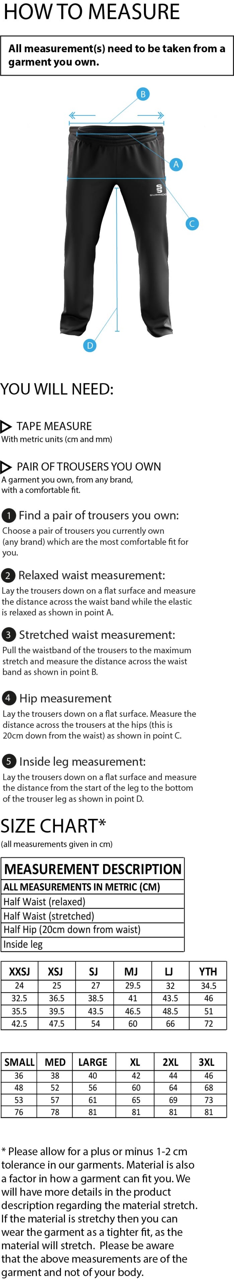 Ketteringham Hall CC - POPLIN TRACK PANT WITH LYCRA - Size Guide