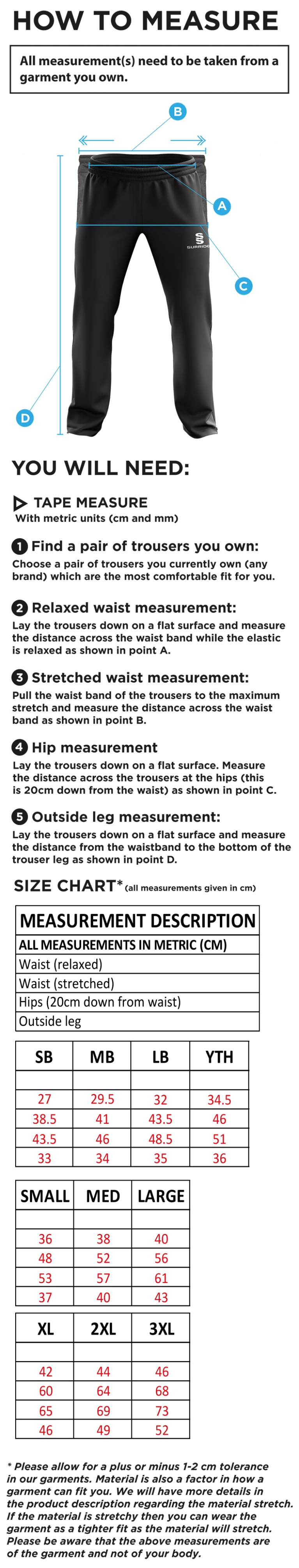 Ketteringham Hall CC - Ripstop Pant - Size Guide