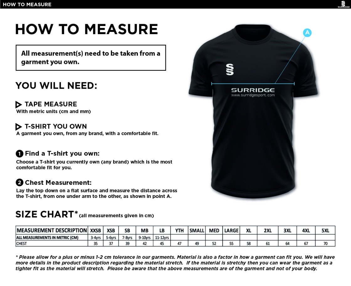 Ketteringham Hall CC - Blade Training Shirt - Size Guide