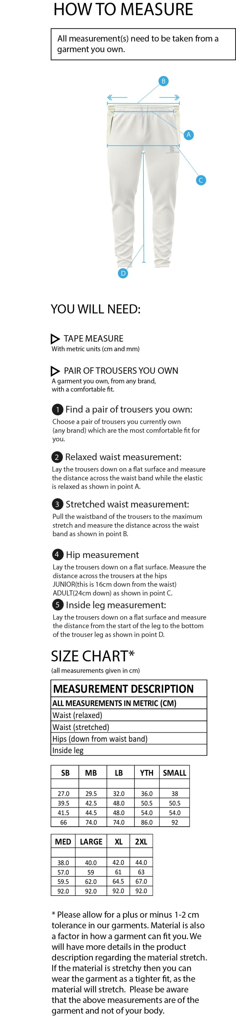 Ketteringham Hall CC - Blade Playing Pants - Size Guide