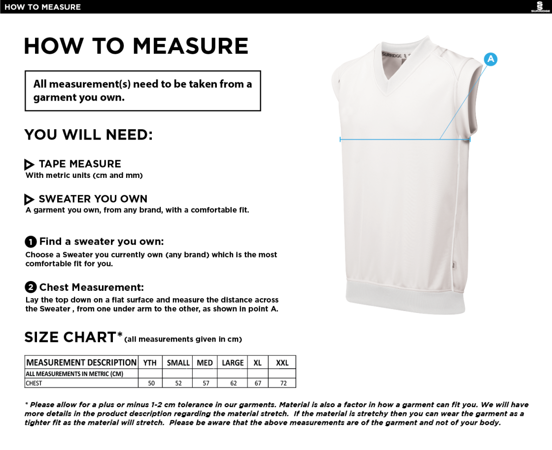 Ketteringham Hall CC - Sleeveless Sweater - Size Guide