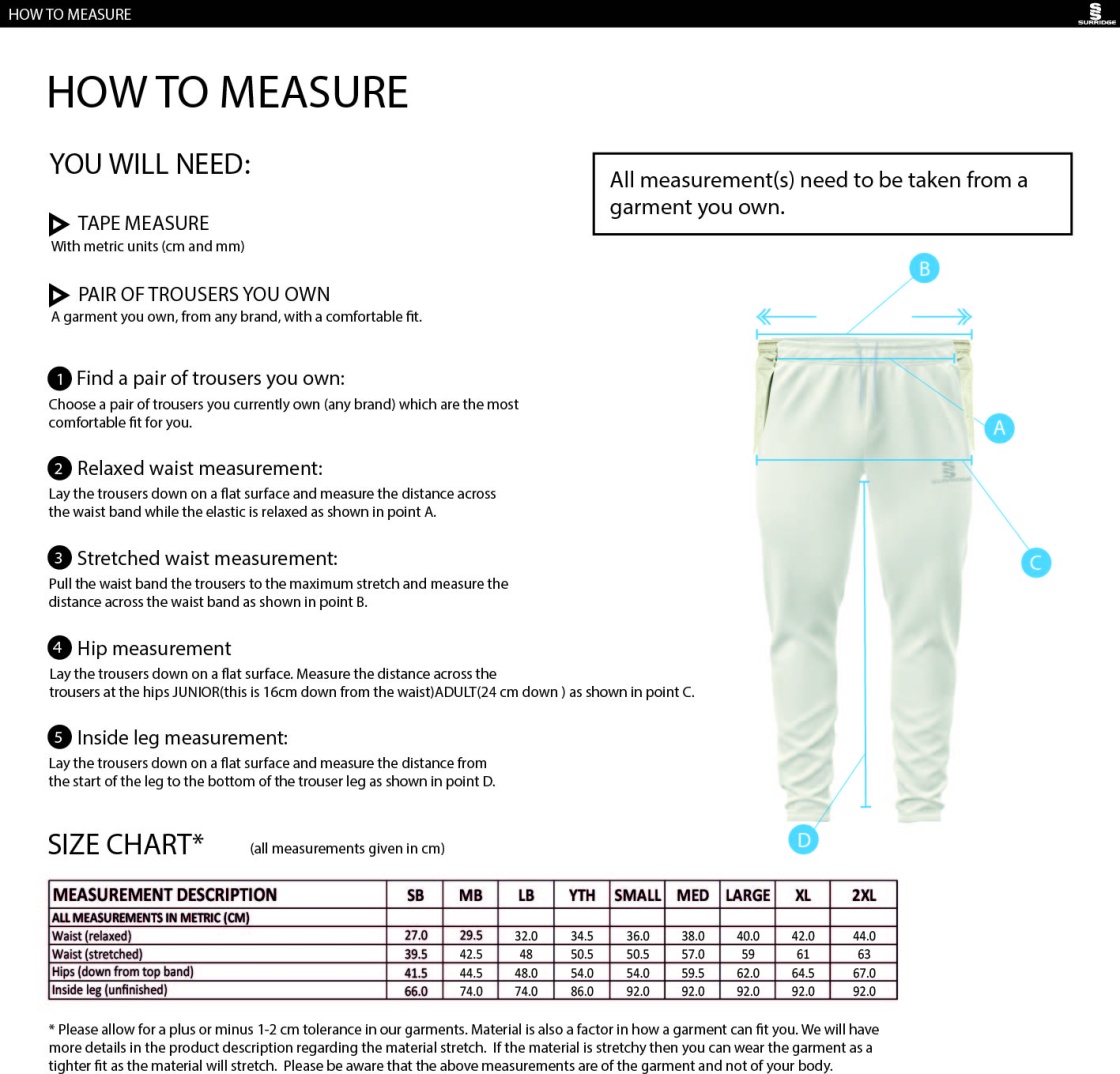 Ketteringham Hall CC - Ergo Cricket Pants - Size Guide