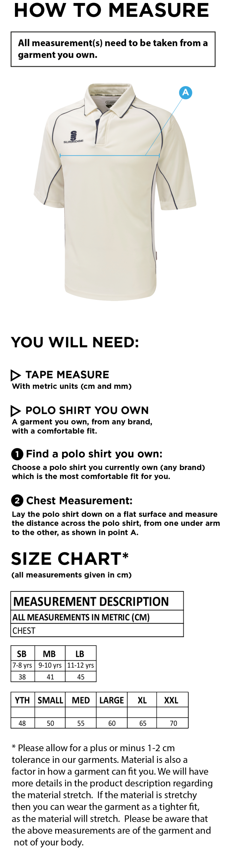 Ketteringham Hall CC - Short Sleeved Shirt - Size Guide