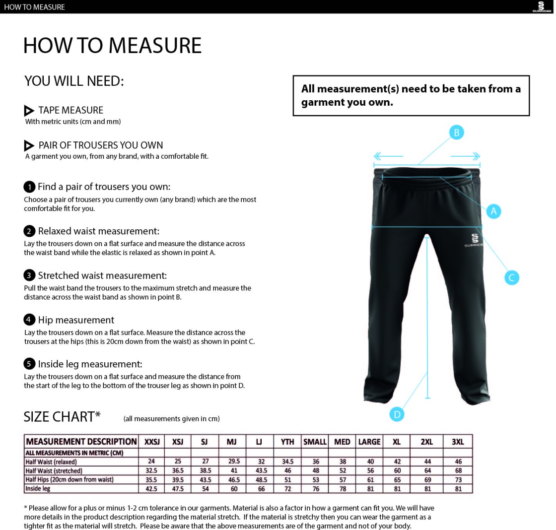 Ketteringham Hall CC - POPLIN TRACK PANT WITH LYCRA - Size Guide