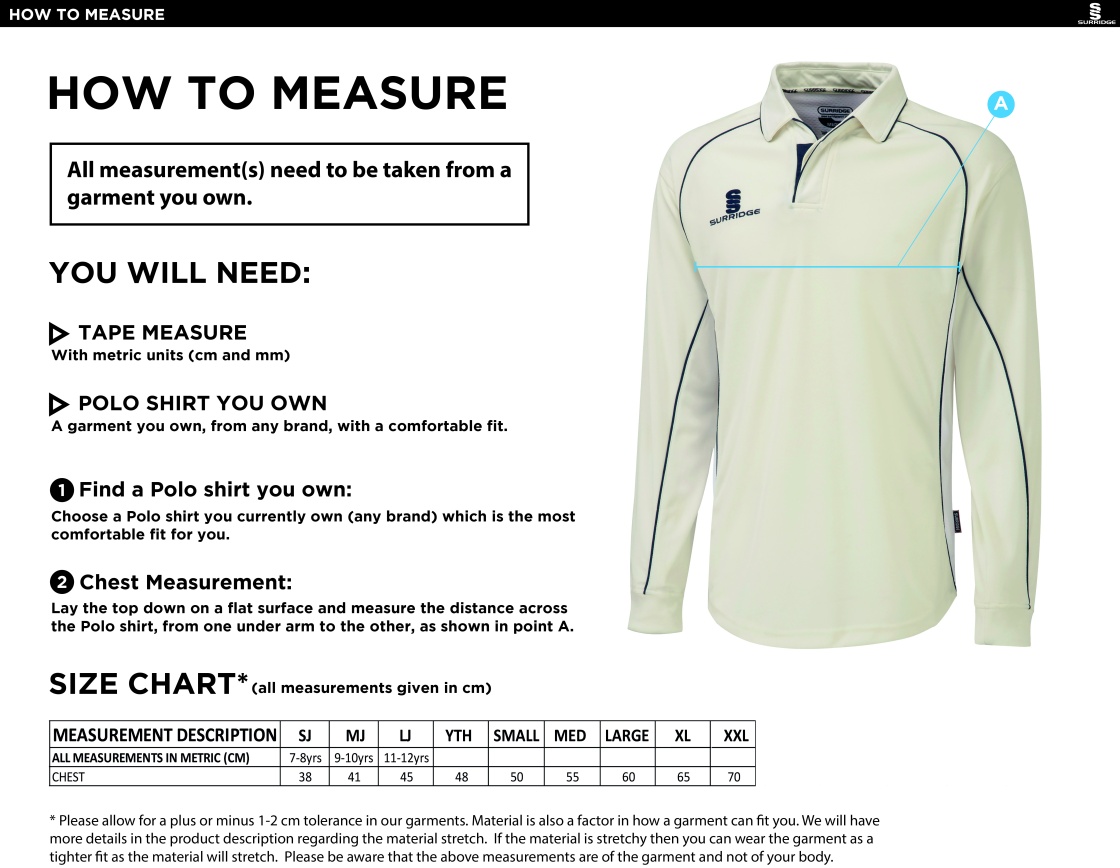 Ketteringham Hall - Cricket Club Long Sleeved Shirt - Size Guide