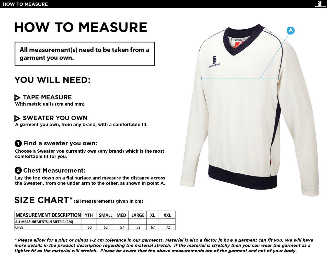 Ketteringham Hall CC - Long Sleeved Sweater - Size Guide