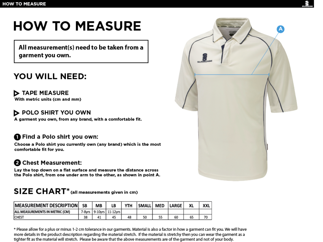 Ketteringham Hall CC - Short Sleeved Shirt - Size Guide