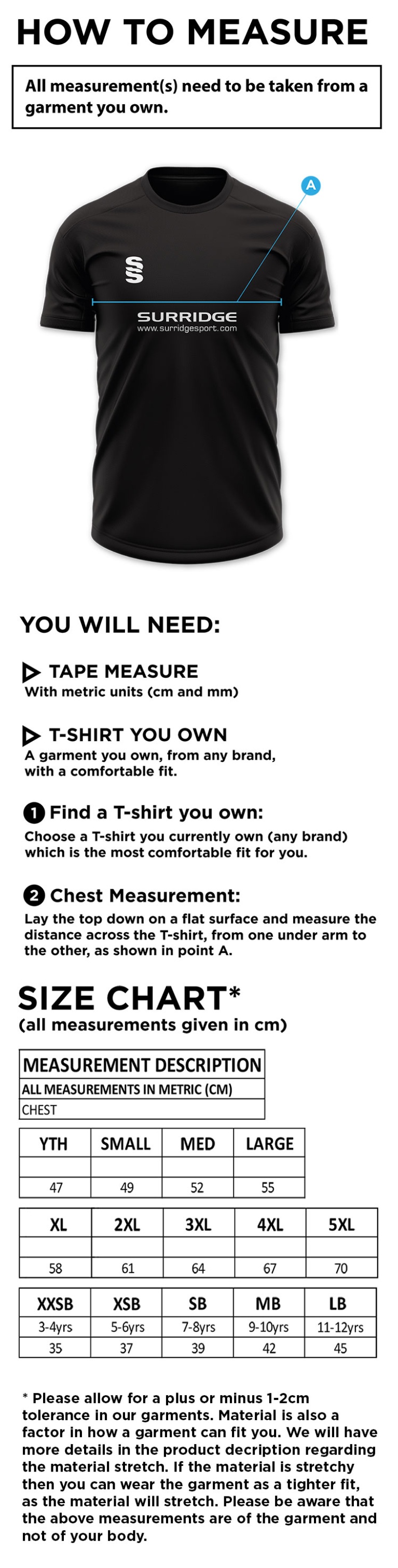 Ketteringham Hall CC - Blade Training Shirt - Size Guide