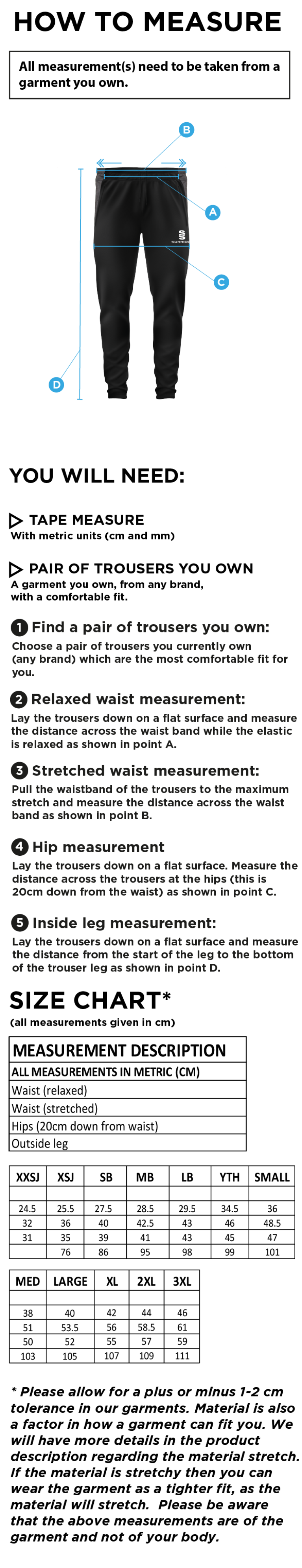 Ketteringham Hall CC - Tek Skinny Pants - Size Guide