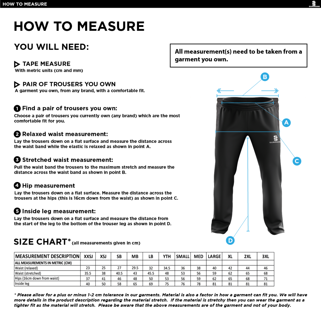 KETTERINGHAM HALL CC Classic Tracksuit Pant 3/4 Zip Length Navy Mens - Size Guide