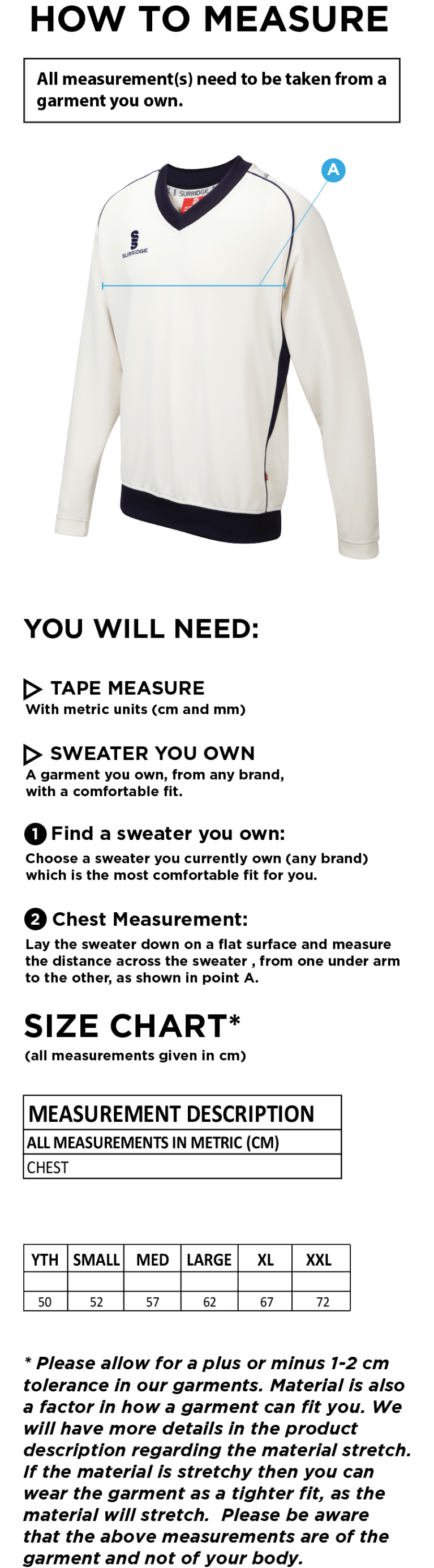 Ketteringham Hall CC - Long Sleeved Sweater - Size Guide