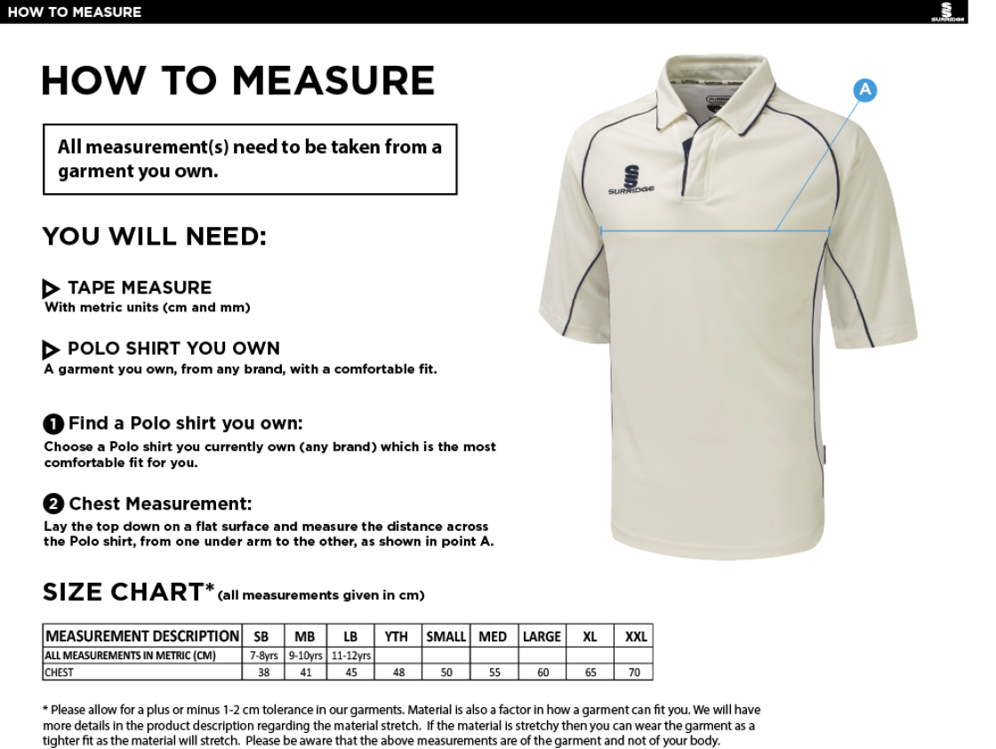 Ketteringham Hall CC - Short Sleeved Shirt - Size Guide