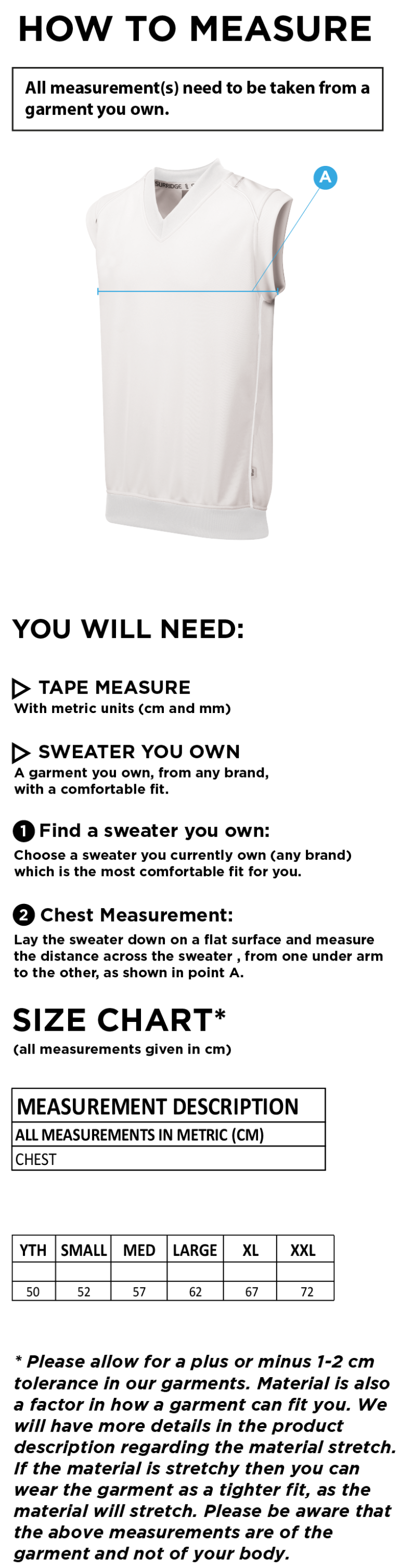Ketteringham Hall CC - Sleeveless Sweater - Size Guide