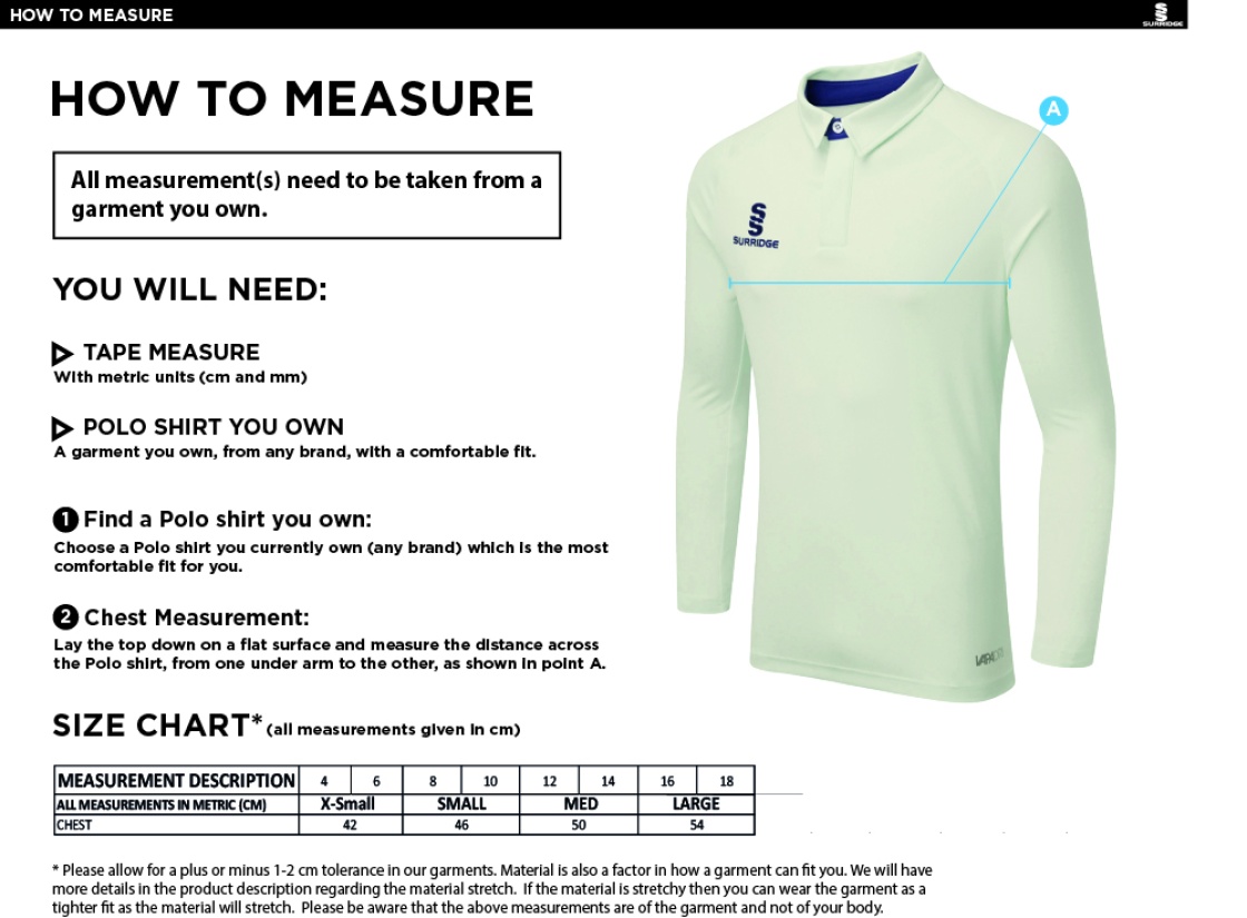 ketteringham hall cc DUAL LONG SLEEVE CRICKET SHIRT (WOMENS)-Ivory - Size Guide