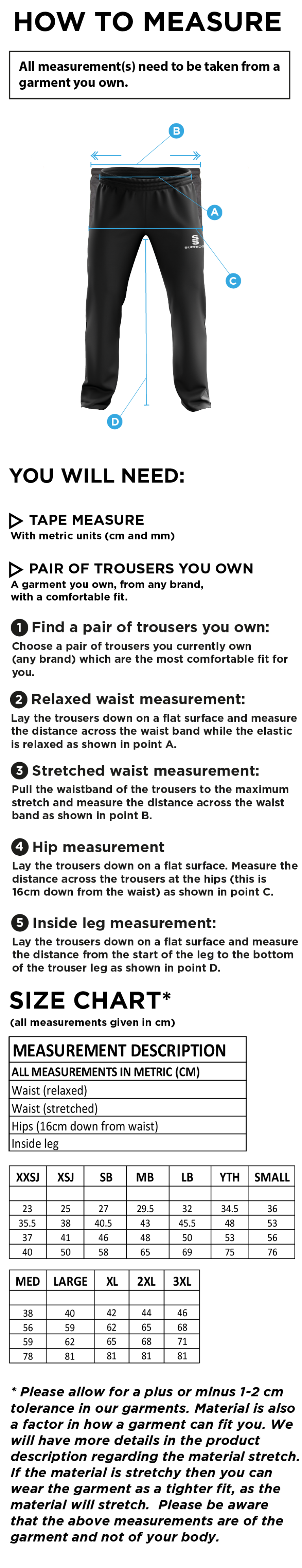 Ketteringham Hall CC - Poplin Track Pant - Size Guide