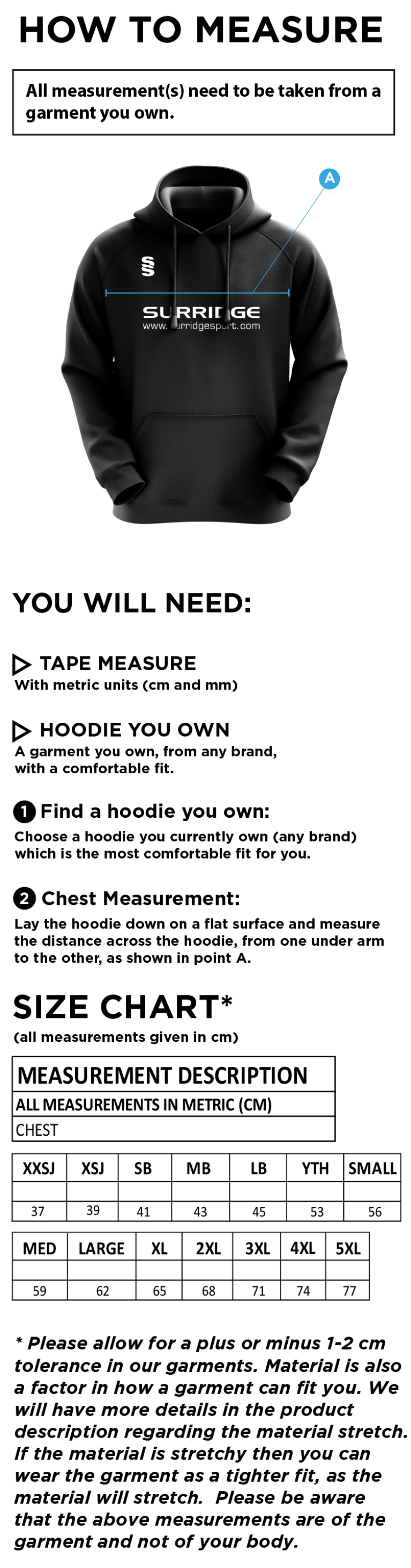 Ketteringham Hall CC - Blade Hoody - Size Guide