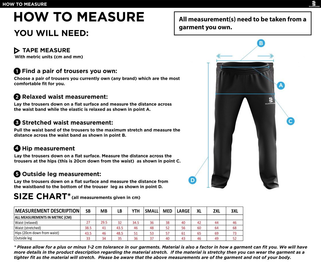 Ketteringham Hall CC - Ripstop Pant - Size Guide
